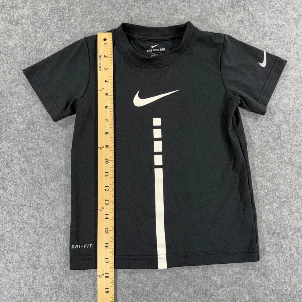 Nike Kids Dri-FIT Athletic T-Shirt Black White Swoosh Graphic Tee Size 7